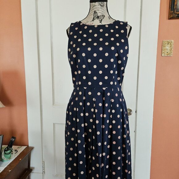 Tahari Navy and Taupe Polka Dot Pleated Dress S-6 - Picture 1 of 8